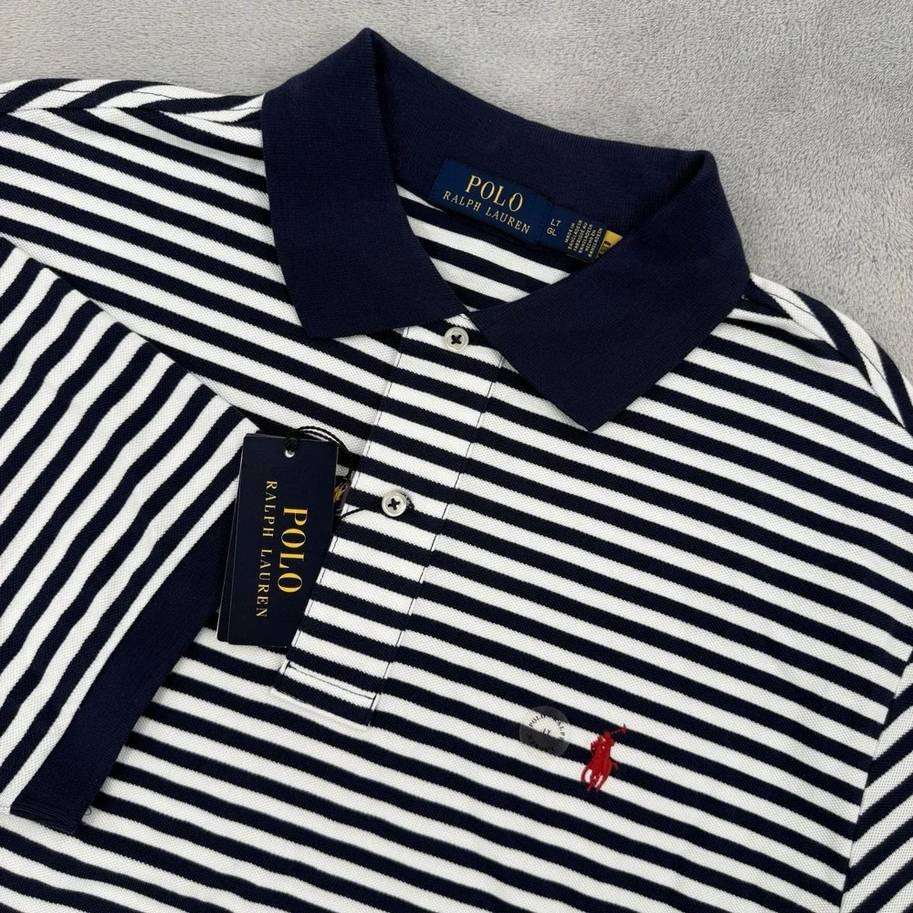 Polo Ralph Lauren Polo Shirt  Mens Size LT Classic Fit White Navy Striped Mesh